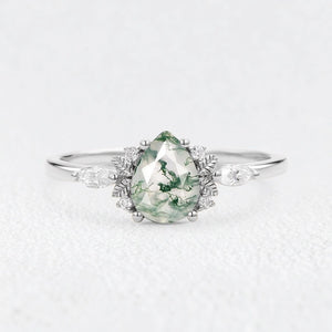 Elara’s Whisper | Pear Moss Agate Foliage Engagement Ring