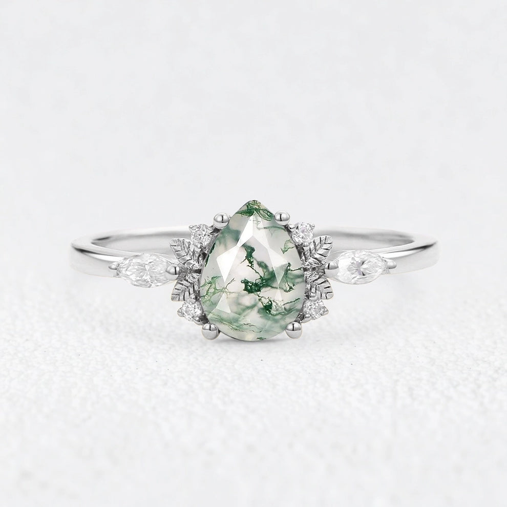 Elara’s Whisper | Pear Moss Agate Foliage Engagement Ring