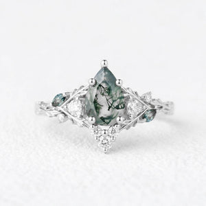 Katriel Pear Cut Lab Moss Agate Oak Leaf Engagement Ring