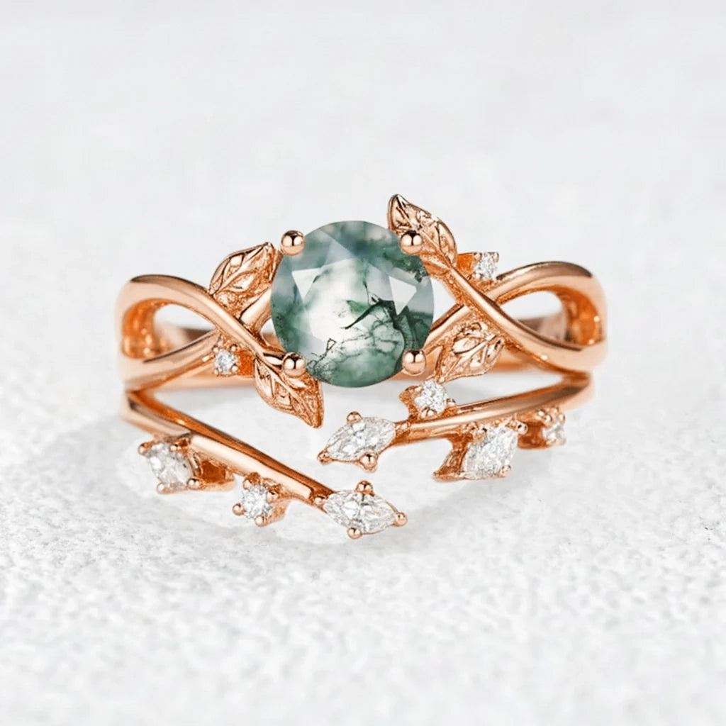 Cordelia Round Cut Moss Agate Leafy Infinity Bridal Set 2pcs.
