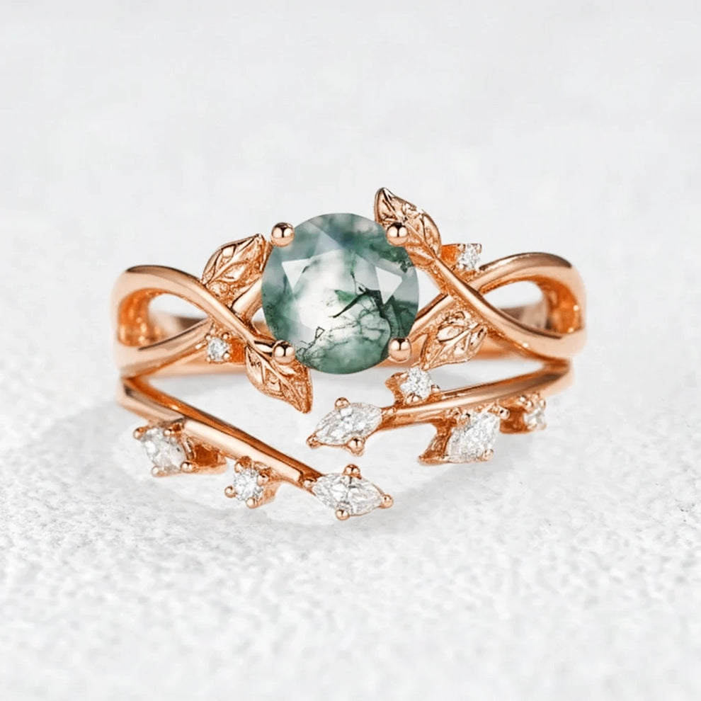 Cordelia Round Cut Moss Agate Leafy Infinity Bridal Set 2pcs.