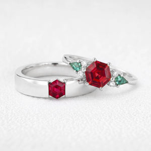 Valencia’s Tessera | Vintage Hexagon Ruby & Tension Set Couple Set