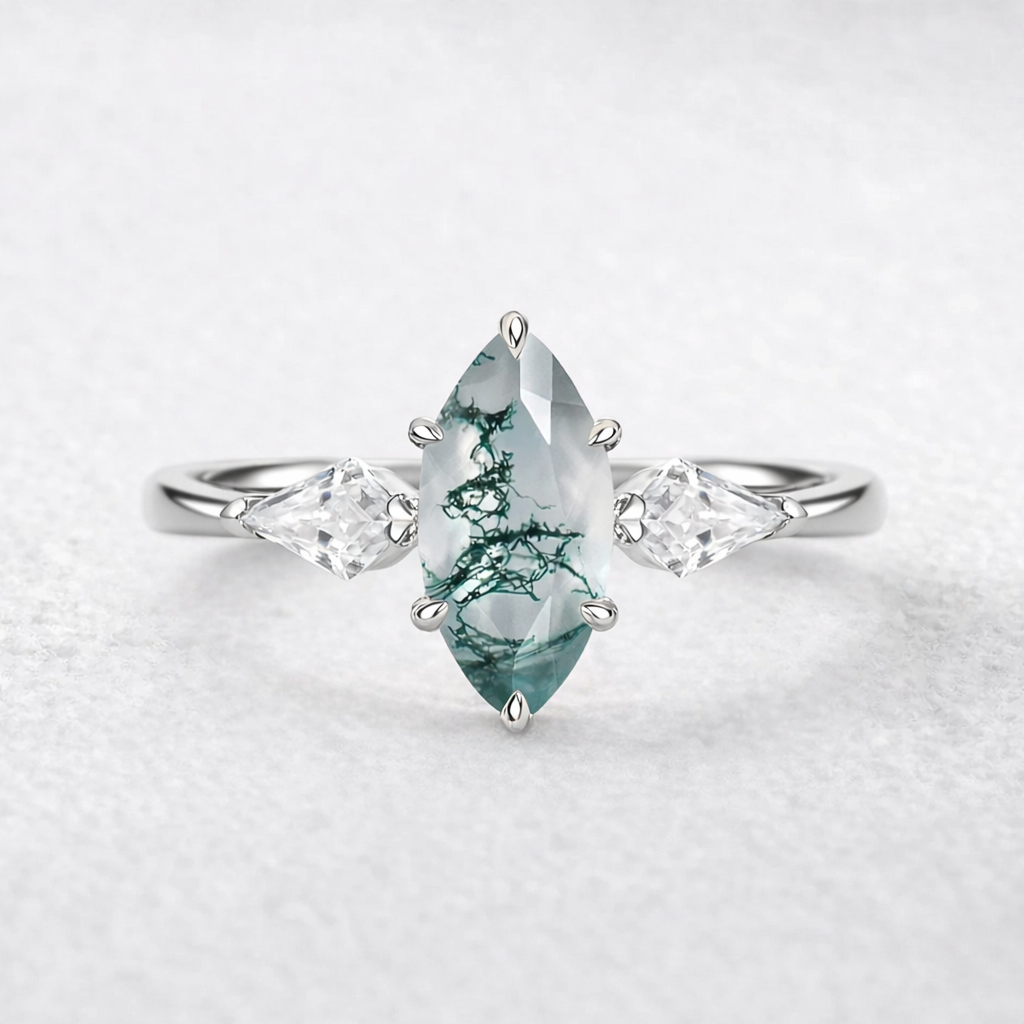 Flora’s Trinity | Minimalist Marquise Cut Moss Agate Three Stone Engagement Ring.