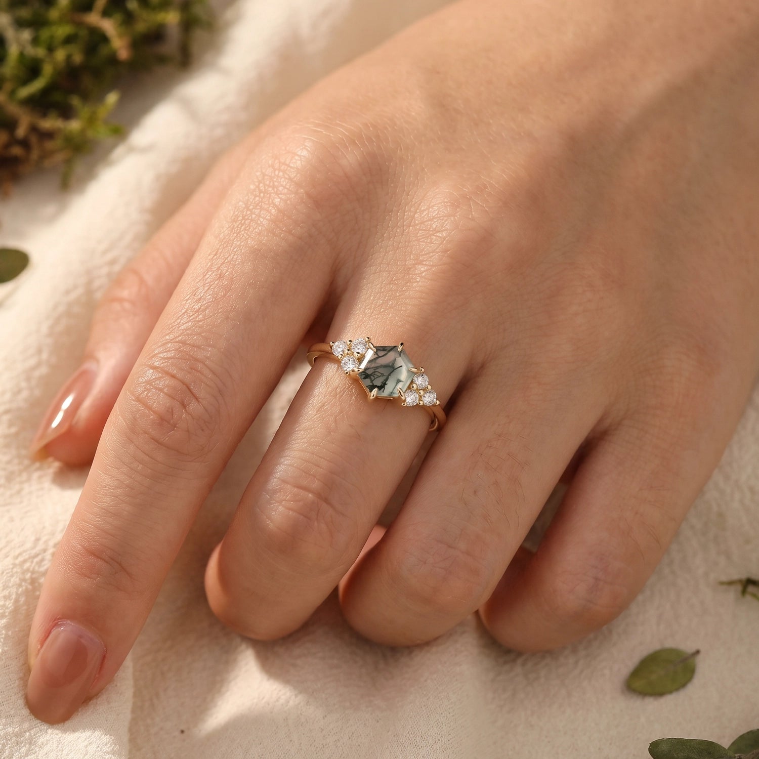 Sylvie’s Hexagon | Moss Agate Three Stone Cluster Engagement Ring.