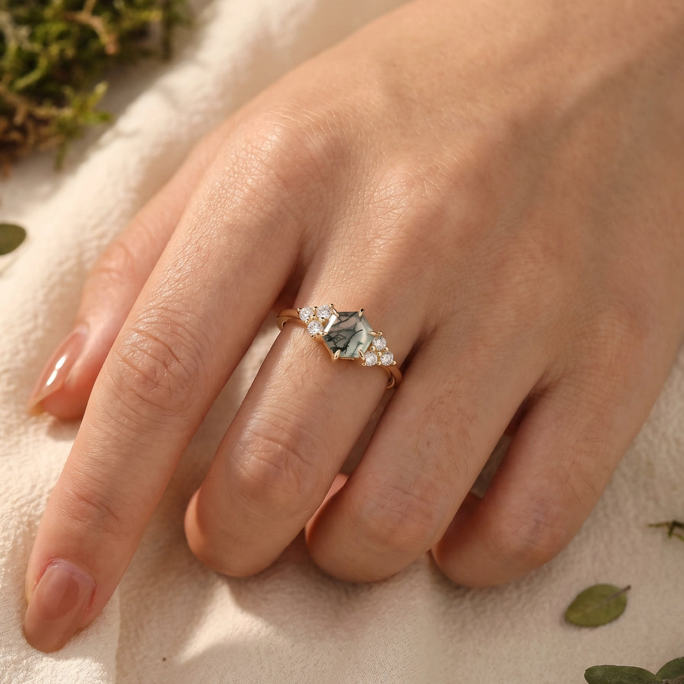 Sylvie’s Hexagon | Moss Agate Three Stone Cluster Engagement Ring.