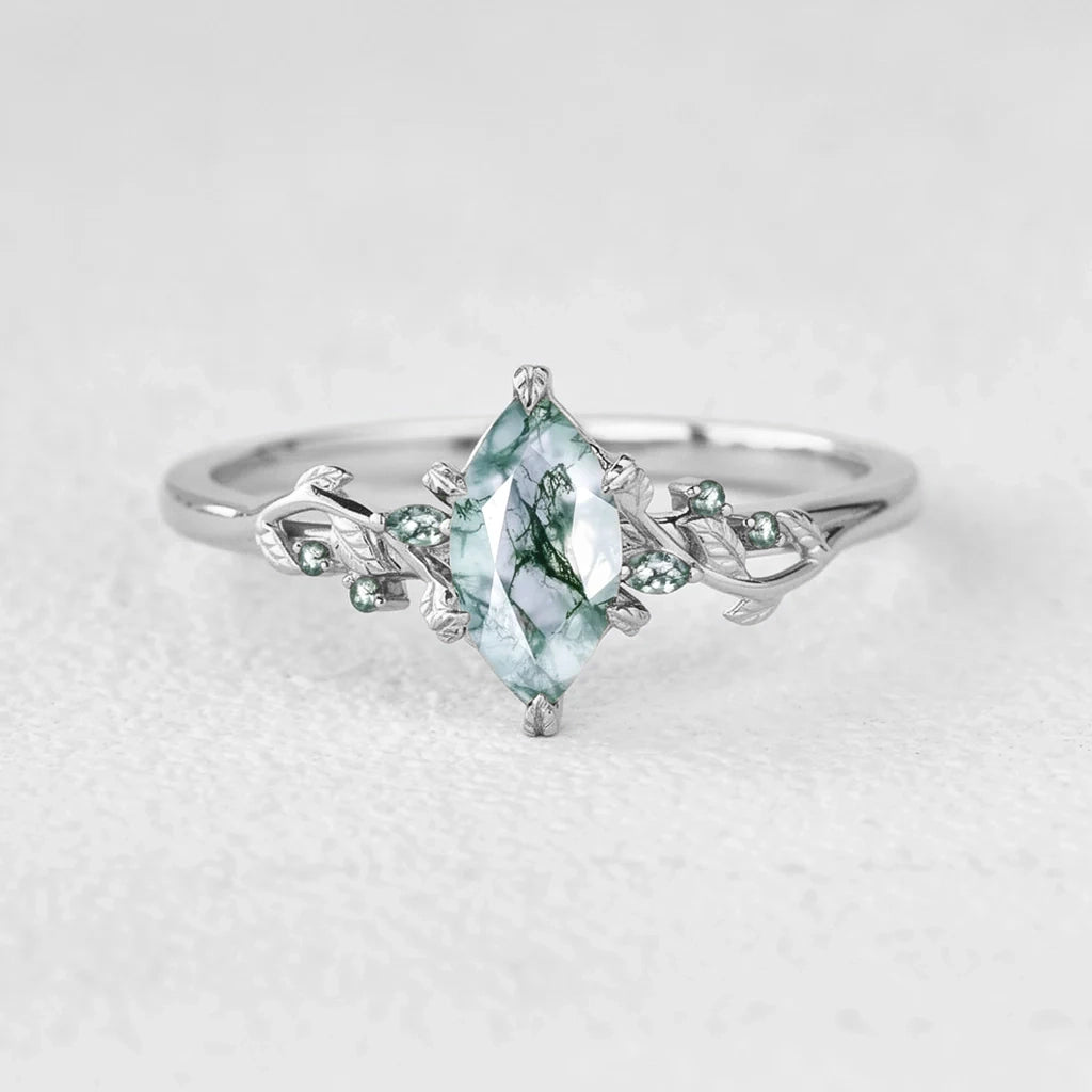 Celandine’s Twine | Marquise Moss Agate Leafy Twist Engagement Ring.
