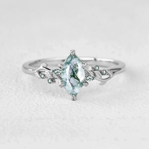 Celandine’s Twine | Marquise Moss Agate Leafy Twist Engagement Ring.