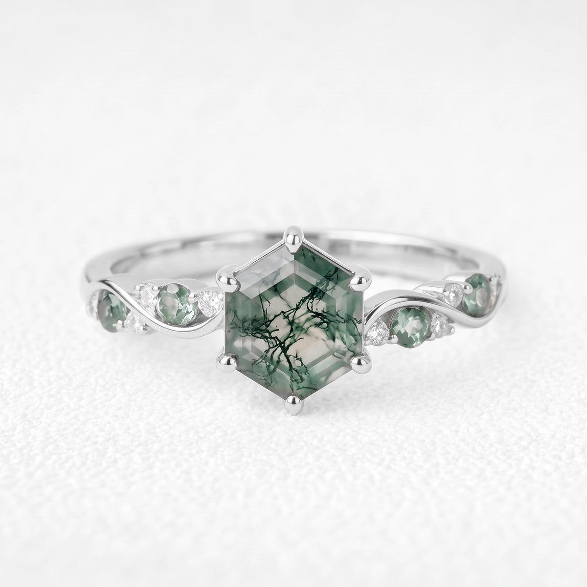 Flora’s Sprig | Hexagon Cut Moss Agate Botanical Engagement Ring