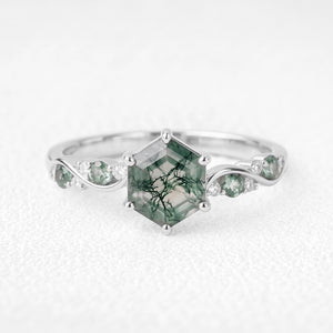 Flora’s Sprig | Hexagon Cut Moss Agate Botanical Engagement Ring