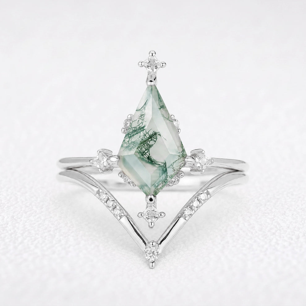 Olive‘s Convergence | Kite Cut Moss Agate Chevron Bridal Duo