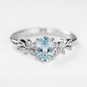 Marina’s Foliage | Oval Blue Aquamarine Botanical Engagement Ring
