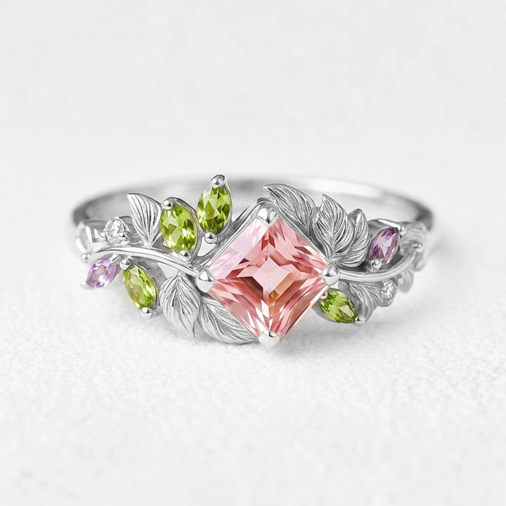 Celeste’s Blossom | Pink Princess Cut Tourmaline Engagement Ring.