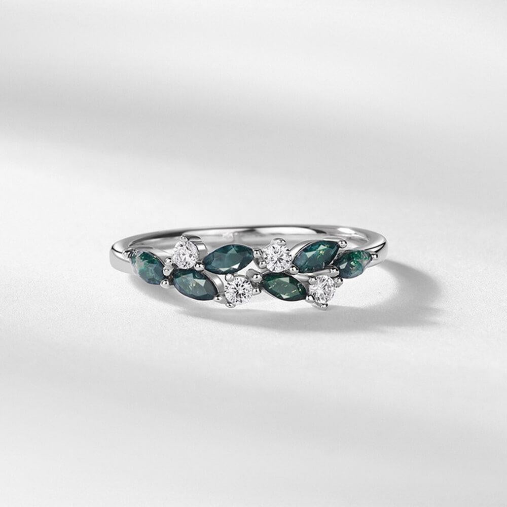 Minimalist Leaf Silver Moss Agate Ring.