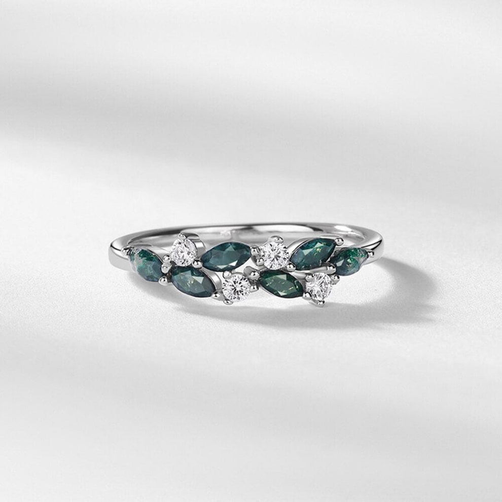 Minimalist Leaf Silver Moss Agate Ring.