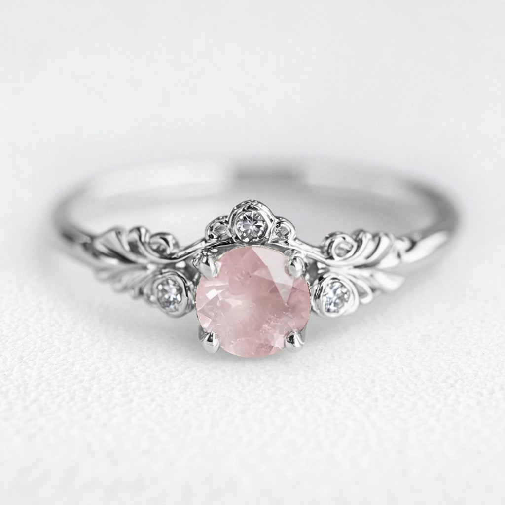 Aurelia’s Blossom | Round Rose Quartz Floral Halo Ring