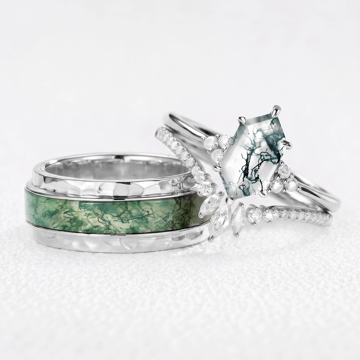 Genevieve’s Harmony | Luxurious Hexagon Moss Agate Bridal Set & 8MM Moss Inlay Band Couple Ring Set 3pcs