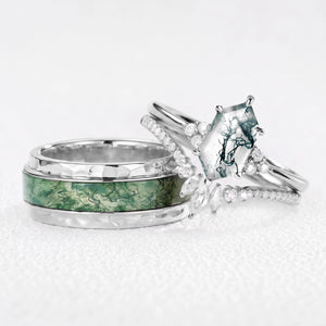Genevieve’s Harmony | Luxurious Hexagon Moss Agate Bridal Set & 8MM Moss Inlay Band Couple Ring Set 3pcs