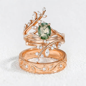 Flora’s Enclosure | Oval Moss Agate Cluster Couple Ring Set 3pcs.