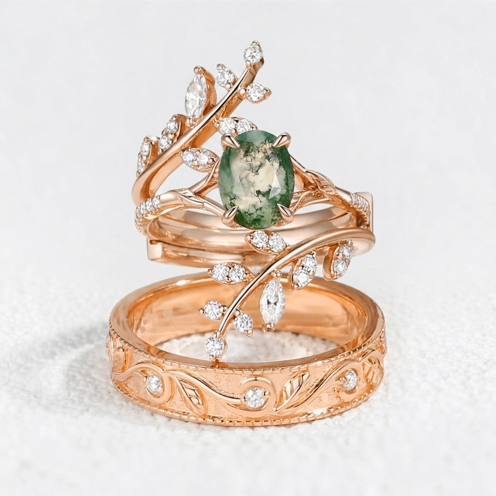 Flora’s Enclosure | Oval Moss Agate Cluster Couple Ring Set 3pcs.
