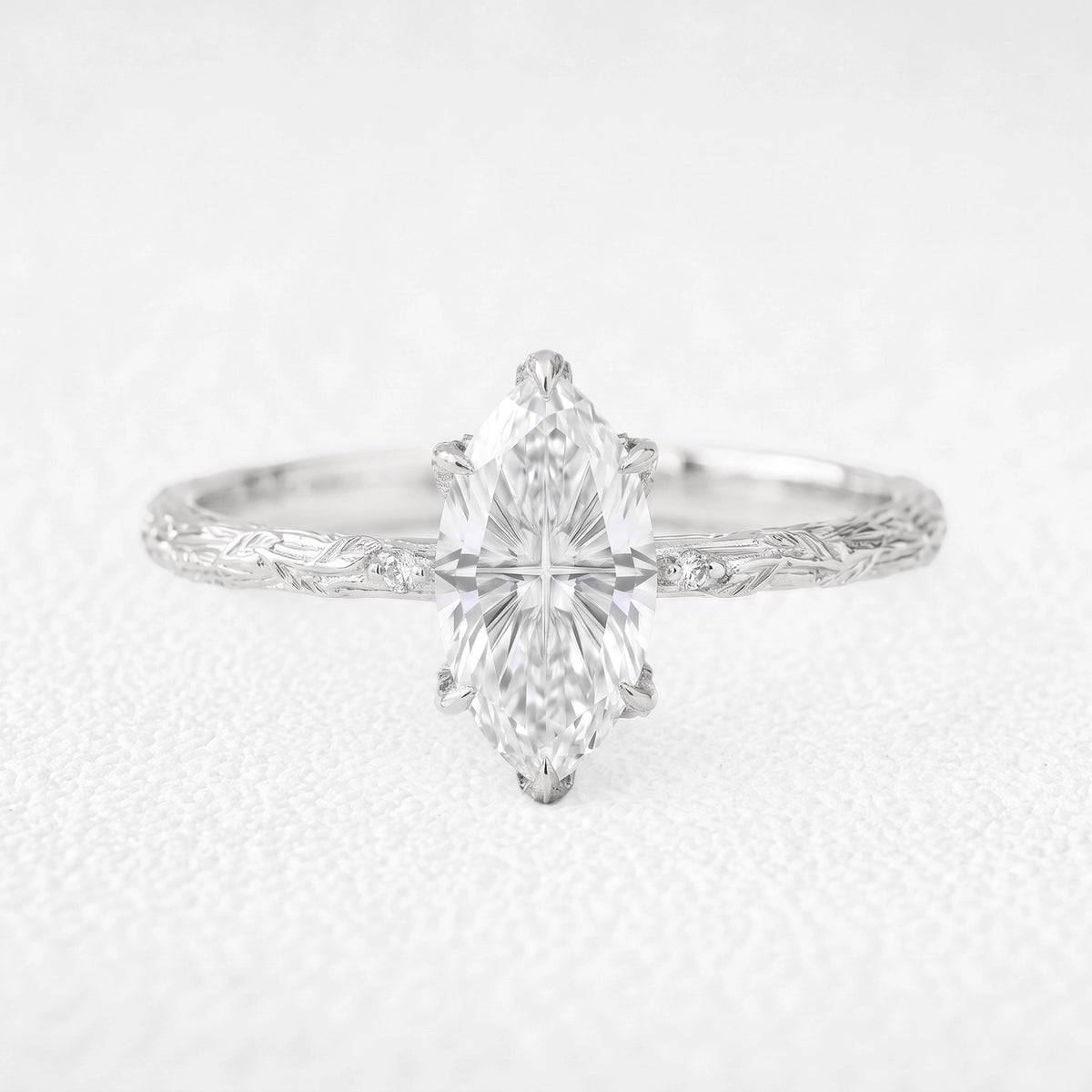 Miranda’s Aurora | Fantasy-Cut Marquise White Sapphire Foliage Filigree Vintage Engagement Ring