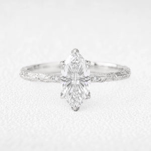 Miranda’s Aurora | Fantasy-Cut Marquise White Sapphire Foliage Filigree Vintage Engagement Ring