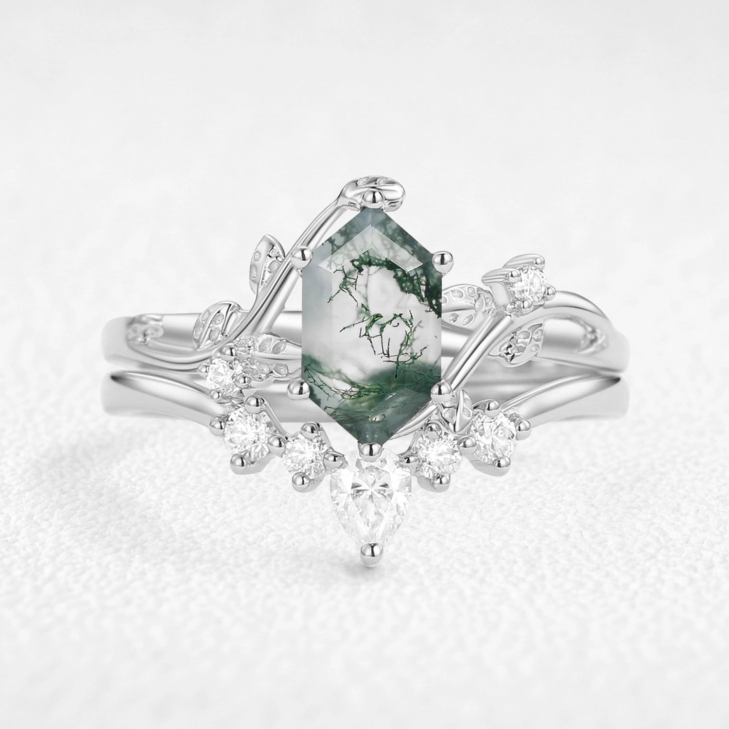 Olive’s Glade | Hexagon Cut Moss Agate Foliage Bridal Duo
