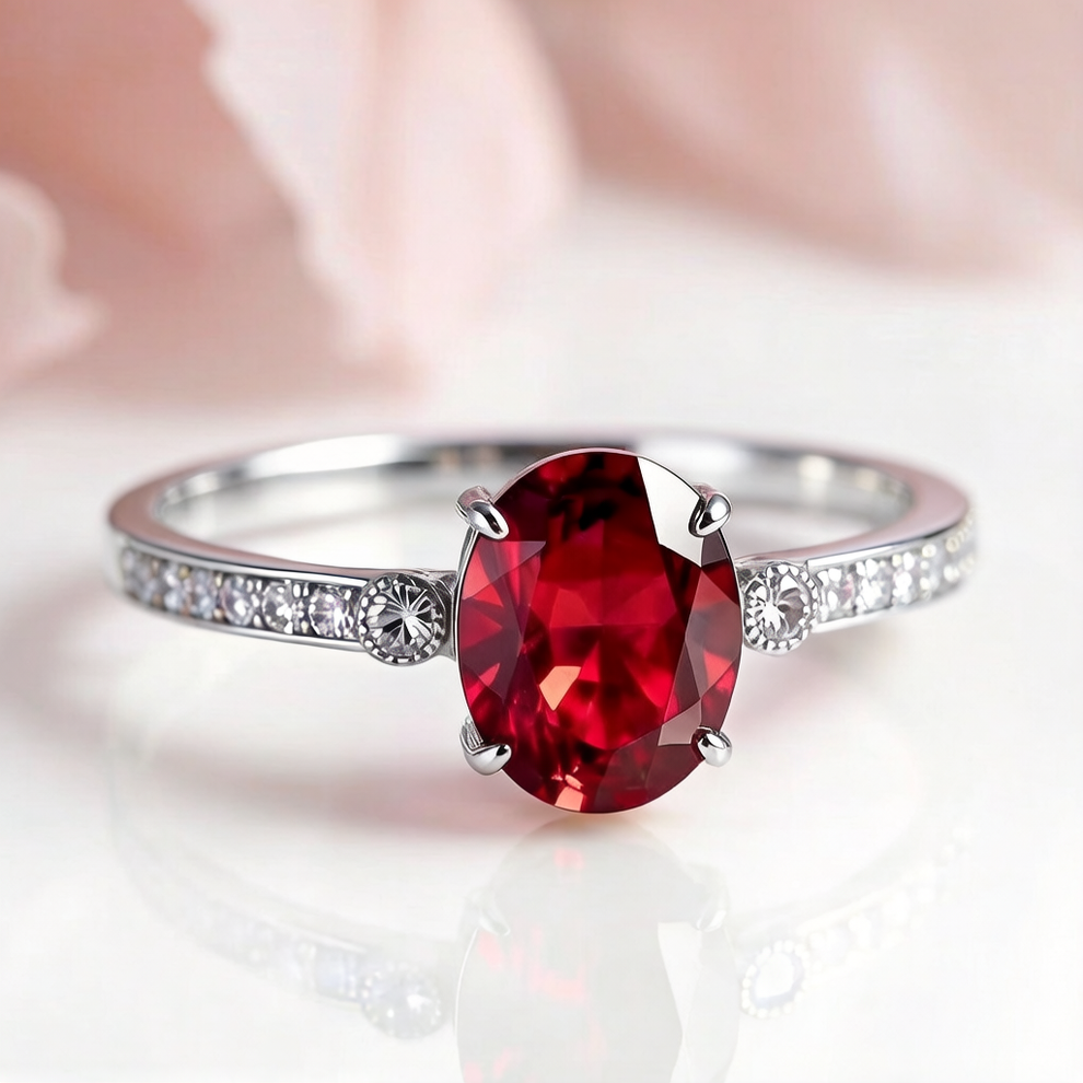 Iris’s Blaze | 2CT Oval-Cut Red Gemstone Ring.
