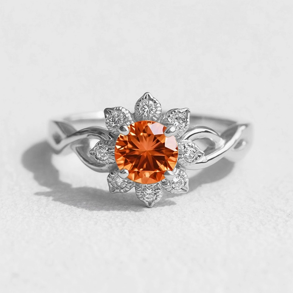 Ivy’s Corolla | Round Orange Garnet Engagement Ring with Petal Halo.