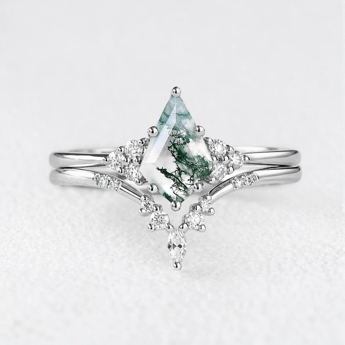 Cassandra’s Glade | Kite Cut Moss Agate & Chevron Bridal Duo