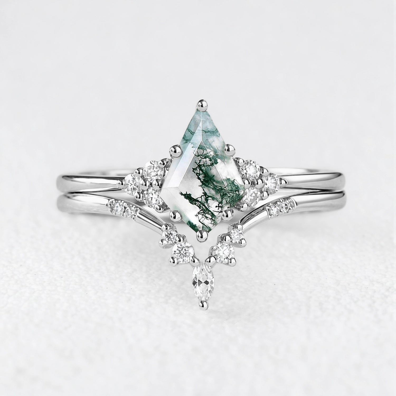 Cassandra’s Glade | Kite Cut Moss Agate & Chevron Bridal Duo