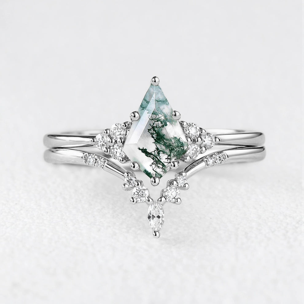 Cassandra’s Glade | Kite Cut Moss Agate & Chevron Bridal Duo