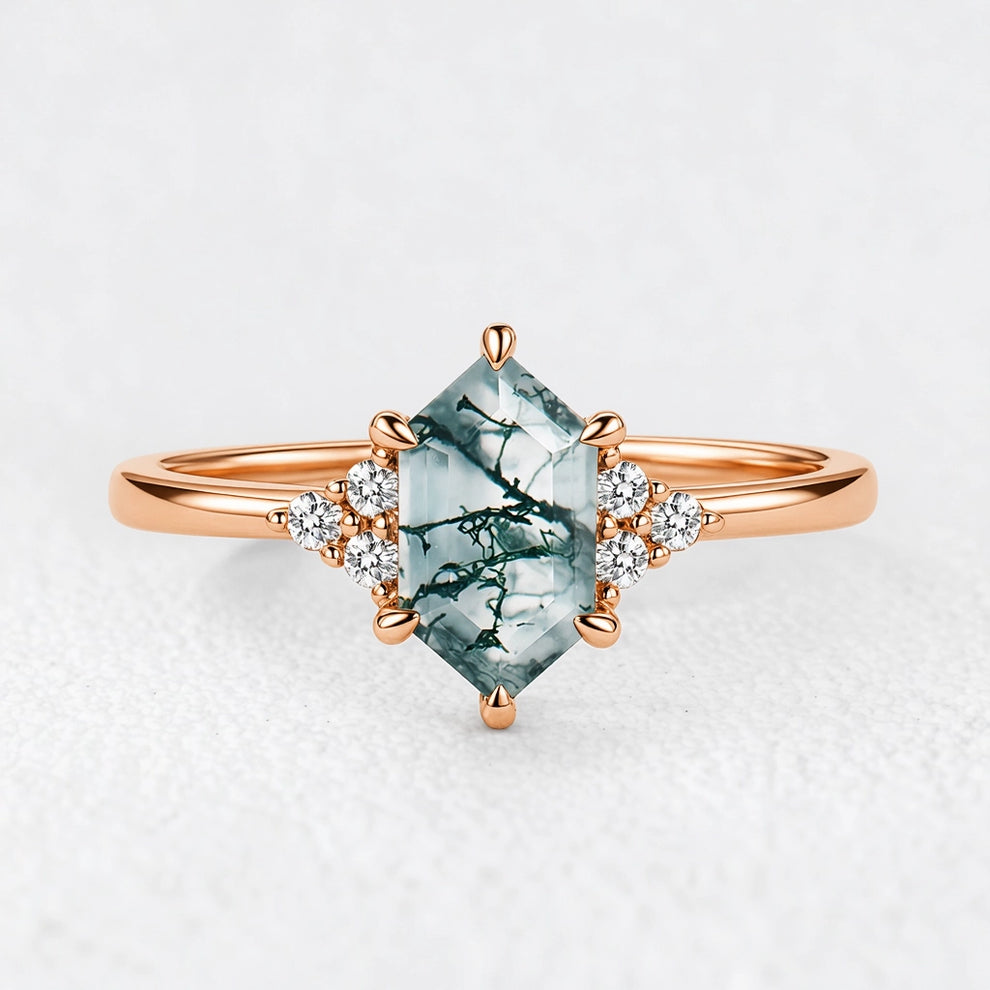 Isadora’s Grove | Vintage Hexagon Moss Agate Engagement Ring