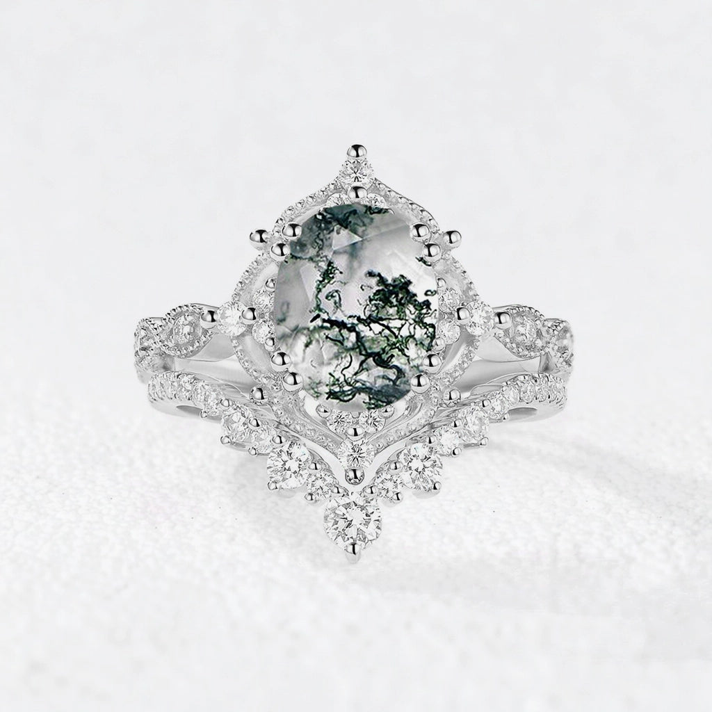 Charlotte’s Heritage | 2CT Vintage Oval Moss Agate Grand Bridal Set 2pcs