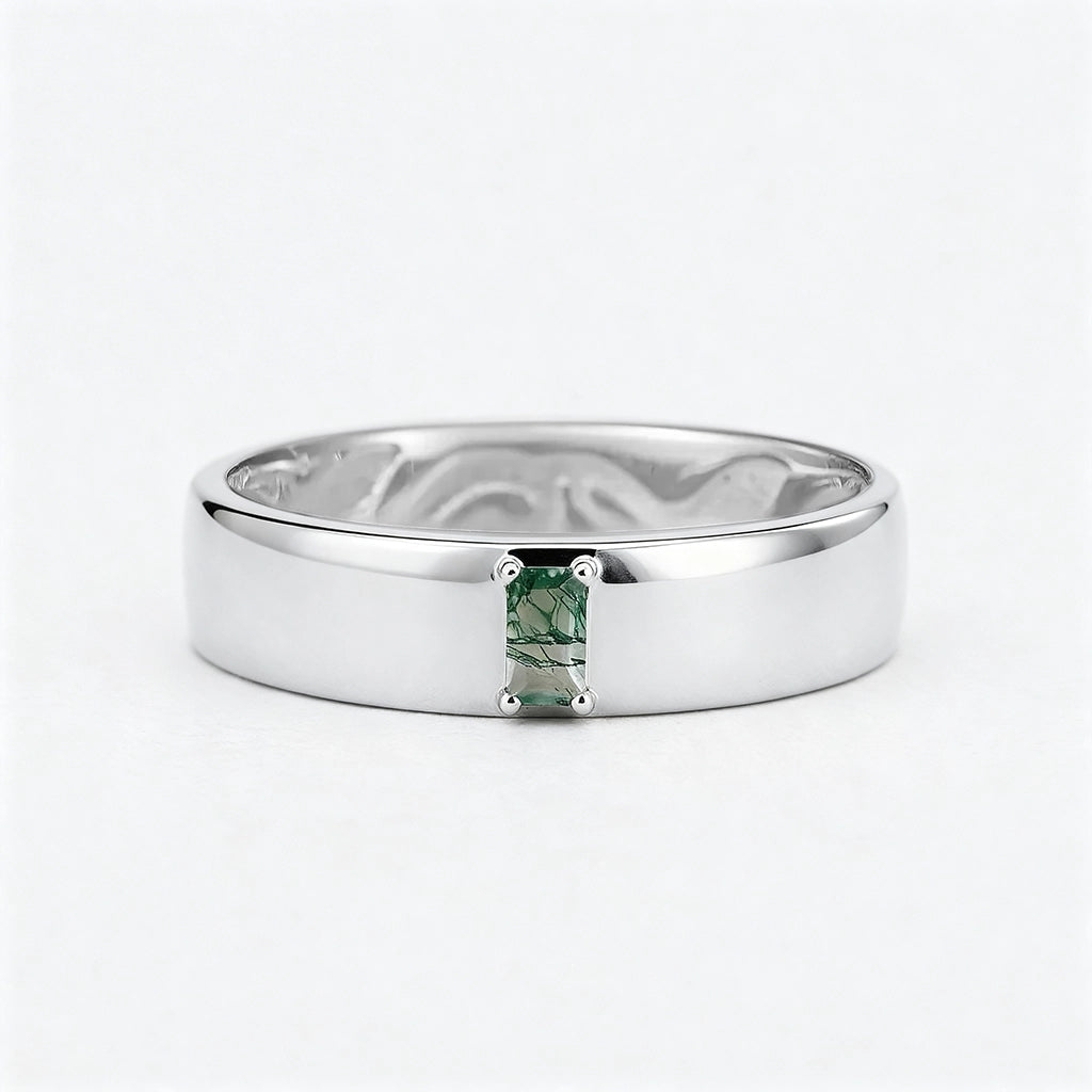 Moss Trace | Inner Engraved Moss Agate Men's Wedding Band.