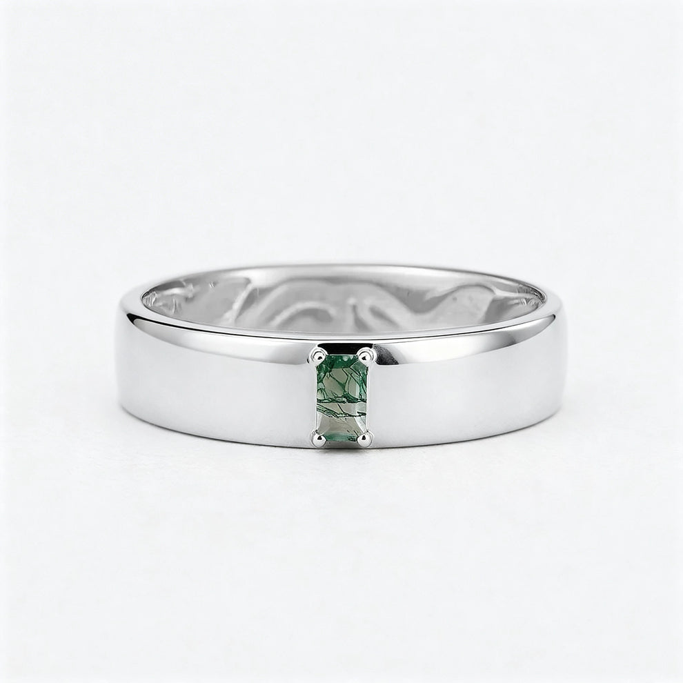 Moss Trace | Inner Engraved Moss Agate Men's Wedding Band.