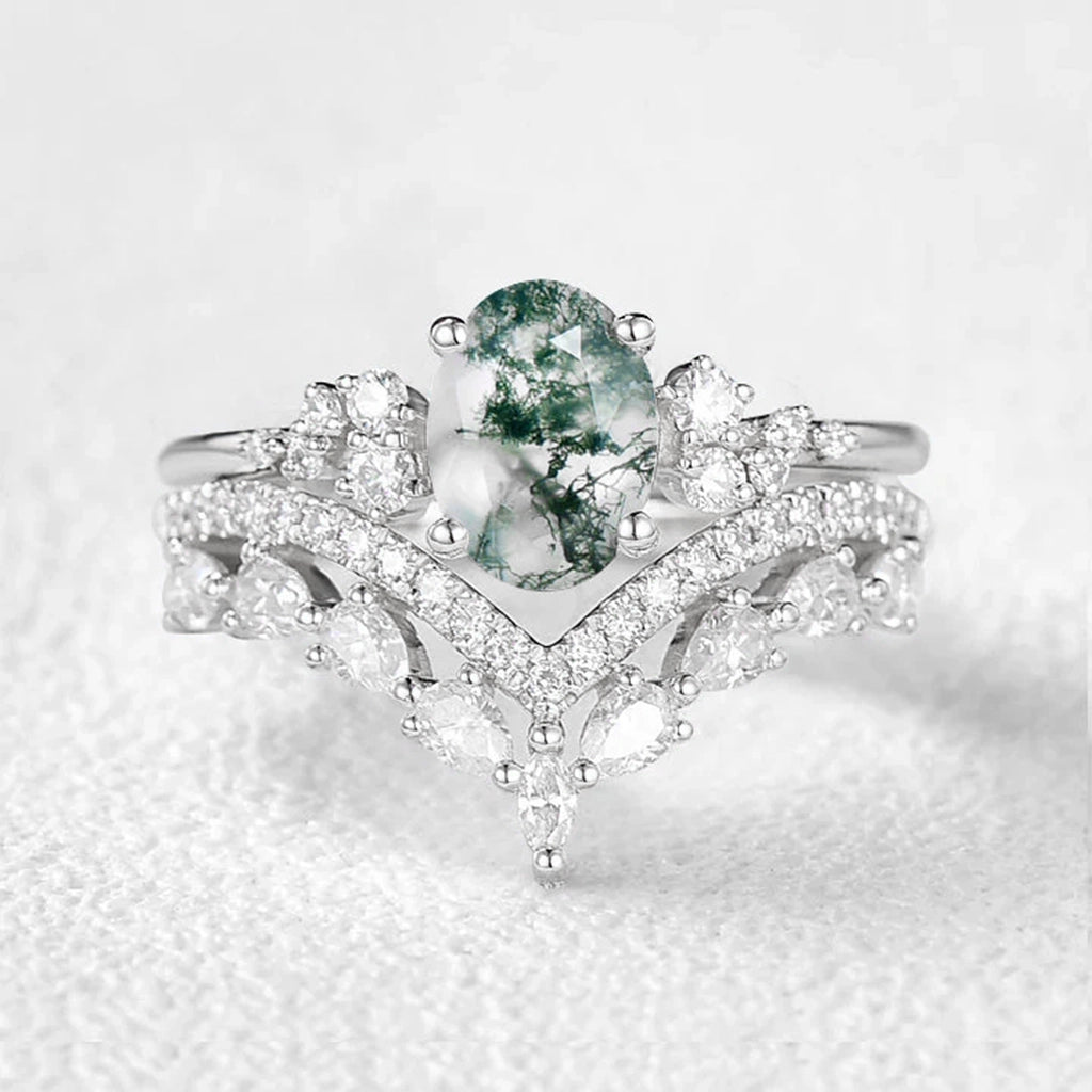 Cressida’s Verdure | Vintage Oval Moss Agate Bridal Set 2pcs.