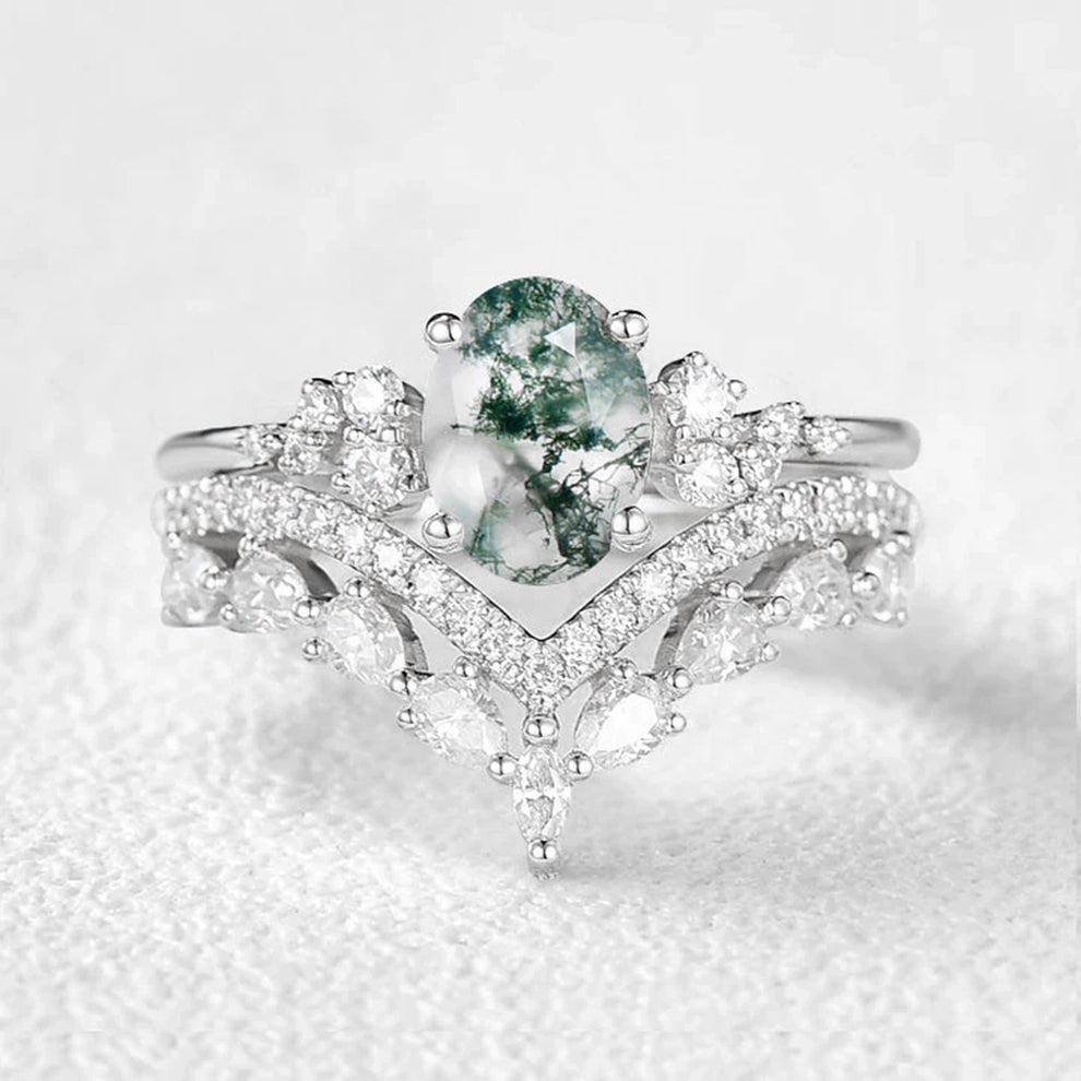 Cressida’s Verdure | Vintage Oval Moss Agate Bridal Set 2pcs.