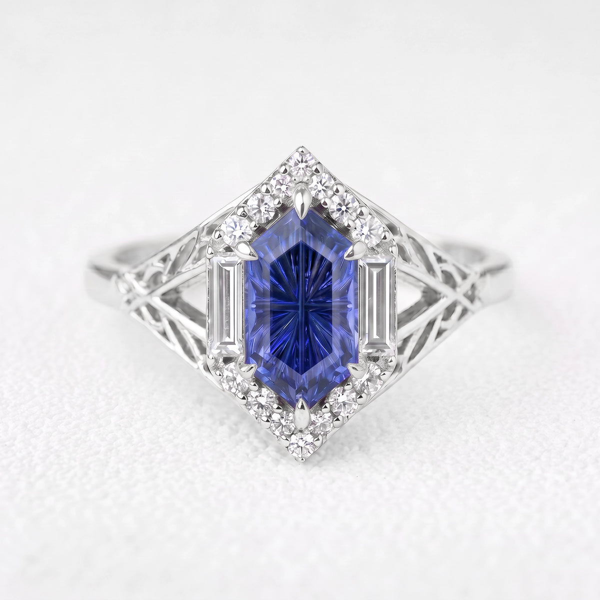 Ariadne’s Diadem | Hexagon Fantasy-Cut Cornflower Sapphire Ajouré Engagement Ring