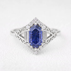Ariadne’s Diadem | Hexagon Fantasy-Cut Cornflower Sapphire Ajouré Engagement Ring
