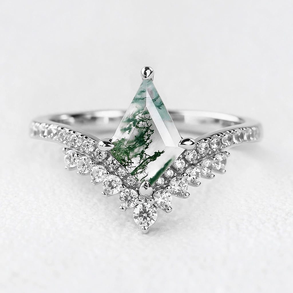 Celestine’s Chevron | Kite Cut Moss Agate Cluster Engagement Ring with V‑Shaped Diamond Band