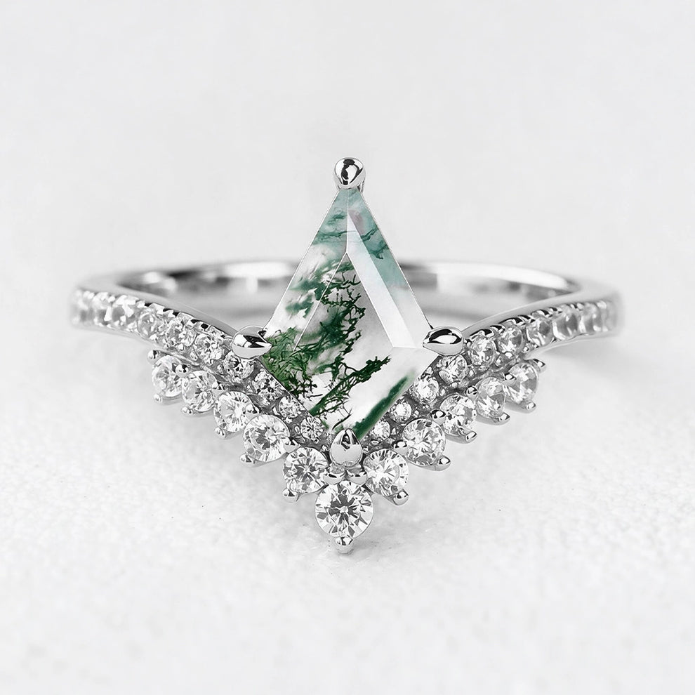 Celestine’s Chevron | Kite Cut Moss Agate Cluster Engagement Ring with V‑Shaped Diamond Band