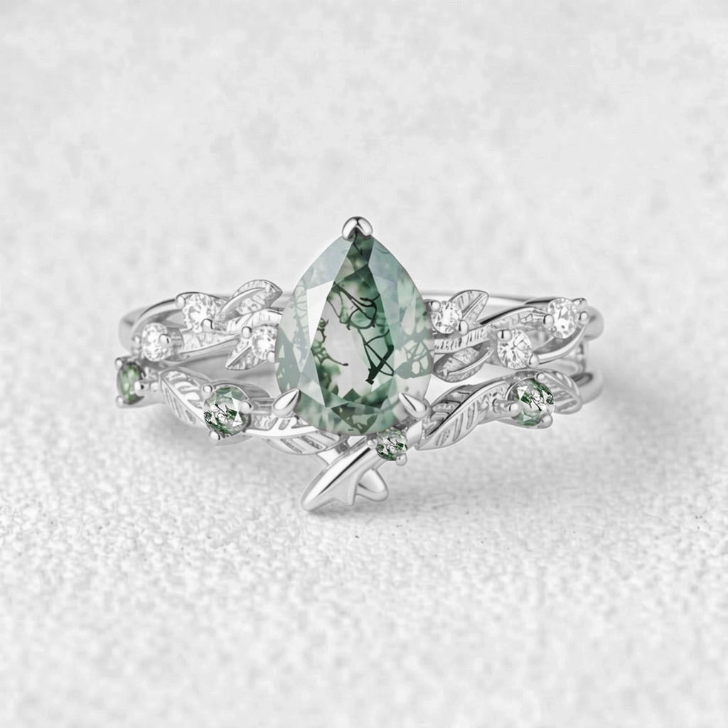 Clarissa’s Frond | Pear Cut Moss Agate Leafy Bridal Set 2pcs.