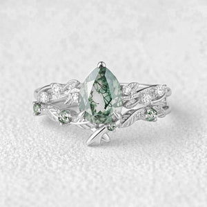 Clarissa’s Frond | Pear Cut Moss Agate Leafy Bridal Set 2pcs.
