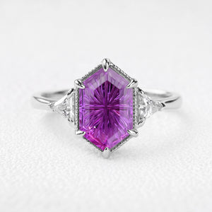 Theodora’s Twilight | Vintage Hexagon Fantasy-Cut Purple Sapphire Three-Stone Engagement Ring