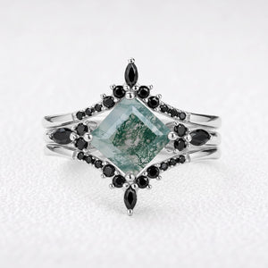 Sylvie’s Wildwood | Square Moss Agate & Onyx Double Chevron Trio Bridal Set