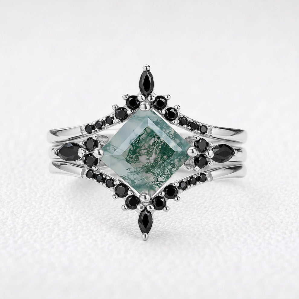 Sylvie’s Wildwood | Square Moss Agate & Onyx Double Chevron Trio Bridal Set