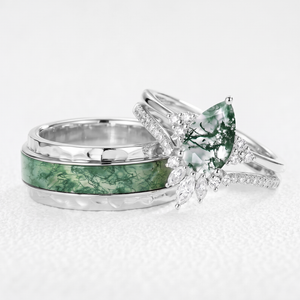 Genevieve’s Harmony | Luxurious Pear Moss Agate Bridal Set & 8MM Moss Inlay Band Couple Ring Set 3pcs