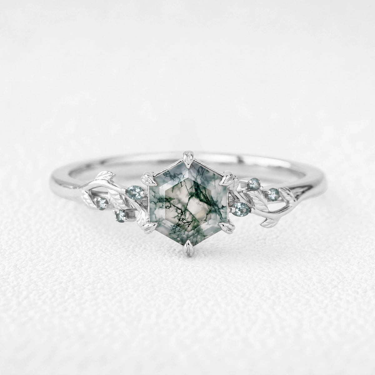 Celandine’s Twine | Hexagon Cut Moss Agate Foliage Engagement Ring