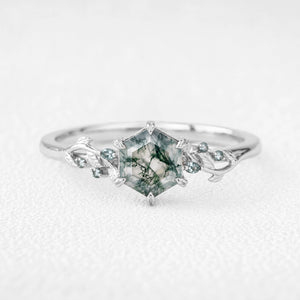 Celandine’s Twine | Hexagon Cut Moss Agate Foliage Engagement Ring