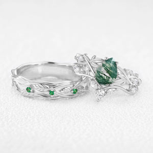 Sylvie’s Laurel | Pear-Cut Moss Agate Foliage Couple Ring Set 3pcs